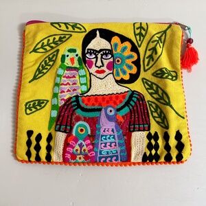 FRIDA KAHLO with 3 parrots zipper pouch embroidery makeup travel bag 12x10in mid